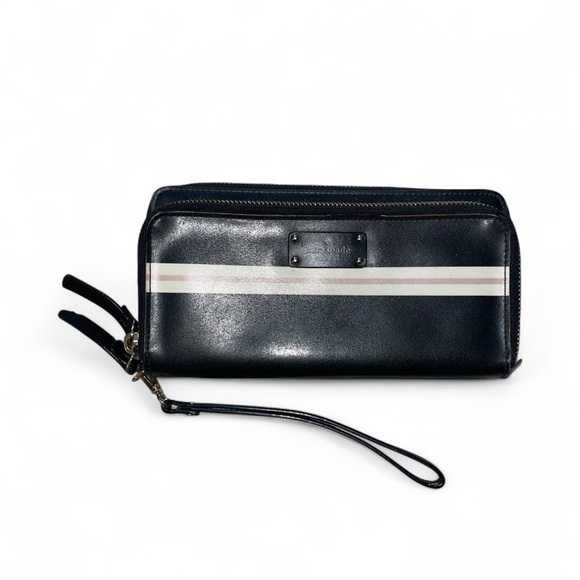 kate spade Handbags - Kate Spade Black Long Wallet‎ with White and Pink Stripes
